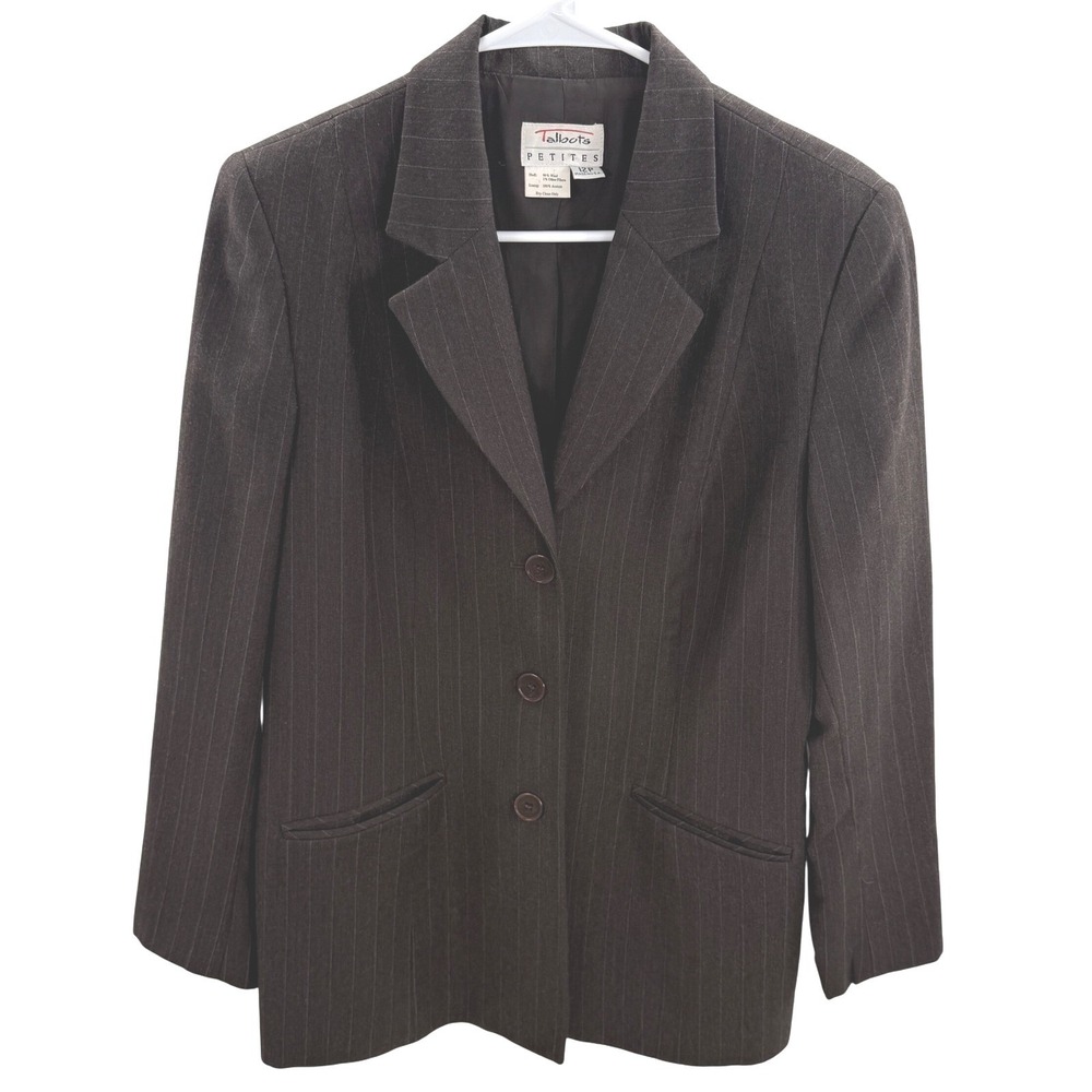 Vintage Talbots Petites 12P Brown Pinstripe Wool Blend Blazer Jacket Career Chic